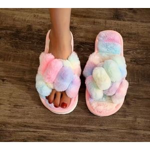 Slippers - kruisband slippers - pluche - regenboog - maat 38/39