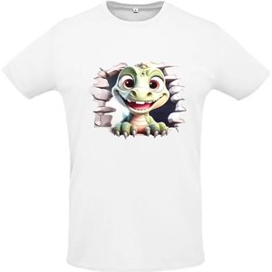T-shirt polyester maat 10/12 jarige wit met cartoon baby draakje groen nr 259
