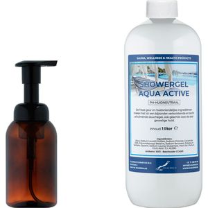 Zeepdispenser 300 ml amber bruin hervulbaar + 1 liter Showergel Aqua Active navulling