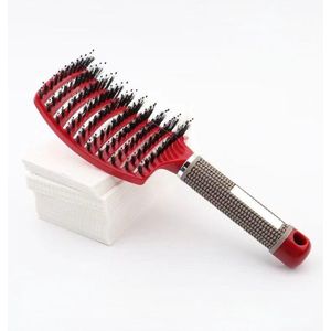 Geventileerde föhnkam, met peddelvormige massagefunctie voor dik, lang krullend haar, snel drogende, stijl- en volumekam, gebogen antistatische stylingtool, nat en droog te gebruiken, Rood