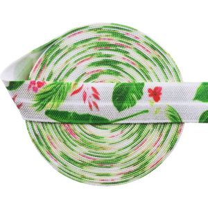 Elastisch biaisband - Groen blad en roze bloemen print - 15 mm - 5 meter - elastiek - afwerkingsband kleding - Biesband