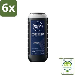 NIVEA MEN - Douchegel - Deep Clean - 250 ml - Voordeelverpakking - 6 stuks - Diepe reiniging - Lichaam