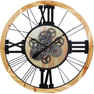 LW Collection wandklok met draaiende tandwielen bruin zwart 80cm met glasplaat - Radar wandklok - wandklok met bewegende wandwielen