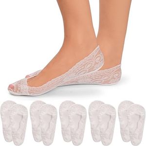 5 paar - No Show Lace-sokken voor dames - Antislip kanten sokken - sokken - antislip - lage onzichtbare bootsokken - Onzichtbare antislipsokken met kant - geschikt voor sneakers , hoge hakken , lage bootschoenen - wit