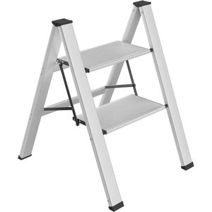 T&L Store® Ladder - Huishoudtrap - Trapladder - 2 Treden - Zilver - Antislip - Max 150kg belasting