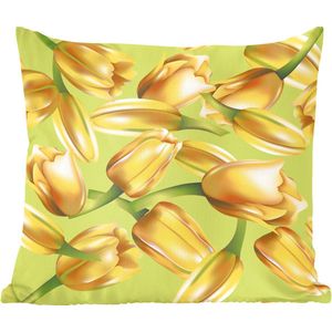 Sierkussens - Kussen - Een illustratie van gele tulpen op een groene achtergrond - 45x45 cm - Kussen van katoen