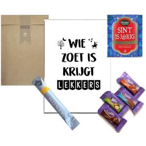 Sinterklaas thee en chocolade cadeau pakketje | wie zoet is krijgt lekkers - A6 wenskaart, chocolaatjes, thee, honing | Sint is jarig presentje | bedrijfscadeautjes personeel attentie 5 december uitdeelcadeaus