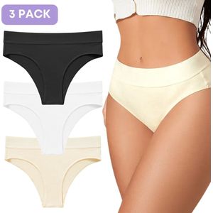 Katoenen Slip Dames - 3 Pack - Maat S - Zwart, Wit, Beige - Ultrazacht - Bamboe ondergoed dames - bamboe slips dames - ondergoed katoen dames - dames slips - damesondergoed katoen - string dames - hipster dames