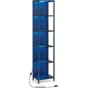 Boekenkast met 6 niveaus en verstelbare LED-verlichting - kast met stalen frame - voor woonkamer - slaapkamer - studeerkamer - ebbenhout - Zwart - 30,3 x 40 x 178,6 cm