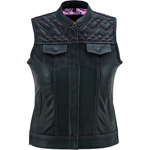 Motorvest voor dames van zwart leer met kasjmier voering en hartnaden