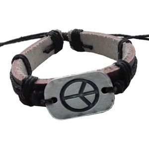 Fako Bijoux® - Leren Armband - Leder - Peace - Zwart