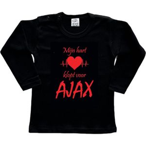 Amsterdam Kinder t-shirt Lange Mouw | ""Mijn hart klopt voor AJAX | Verjaardagkado | verjaardag kado | grappig | jarig | Amsterdam | AJAX | cadeau | Cadeau | Zwart/rood | Maat 92