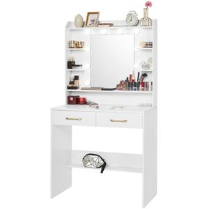 Kaptafel met spiegel, kaptafel met opbergblad en 2 laden voor slaapkamer, woonkamer, instelbare helderheid, 40 x 80 x 145 cm, wit