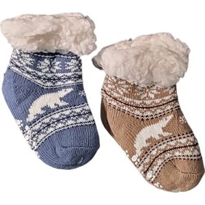 Baby - Huissokken - Antislip - Gevoerd - Set van 2 paar - Huissokken - Unisex - kinderen - Warme wintersokken - Kleur Blauw/Beige/Wit - Maat 0 t/m 12 maanden - Kerst - Cadeau
