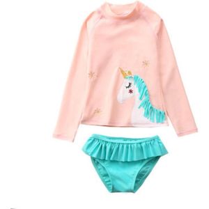 Badpak Meisje Lange Mouw – Zwemkleding lange mouwen – Zwempak Unicorn – Roze Turquoise – Maat 98/104