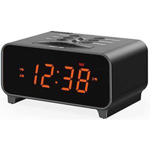 Kleine digitale wekker met dubbel alarm, snooze-functie, USB-oplader en oranje LED-display voor slaapkamer