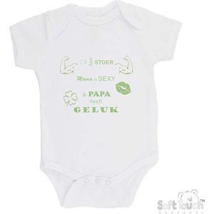 100% katoenen Romper ""Ik ben stoer Mama is sexy & Papa heeft geluk"" Unisex Katoen Wit/sage green (saliegroen) Maat 56/62