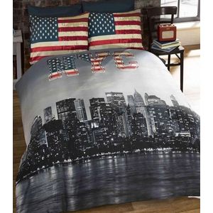 2-persoons dekbedovertrek (dekbed hoes) met skyline van de stad New York City en Amerikaanse vlag (rood / blauw met sterren /Stars and Stripes uit Amerika) tweepersoons 200 x 200 cm (beddengoed tienerkamer)