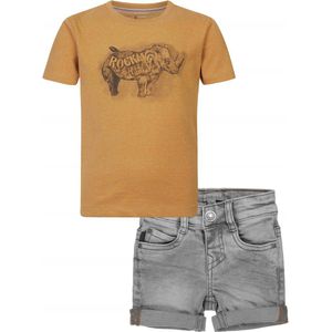 Koko Noko - Kledingset - 2DELIG - Short Jeans grey met omslag - Shirt Ross Apple Cinnamon - Maat 128