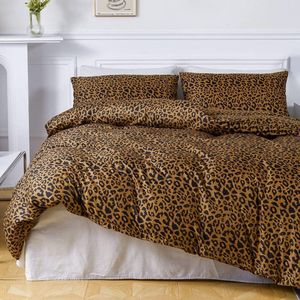 Beddengoed, 135 x 200 cm, 4-delig luipaardprint, bruin, goud, geel luipaardprint beddengoedsets, Leo microvezel luxe esthetische dekbedovertrekken (135 x 200 cm) en kussenslopen (80 x 80 cm) voor bed met ritssluiting