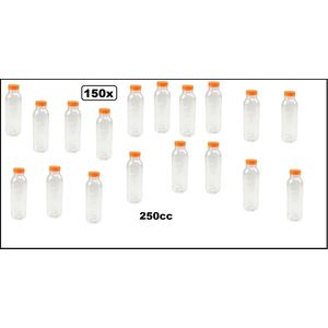 150x Flesje PET 250cc met vaste oranje dop - 14cm - Sap water gerecyclede drink fles vruchten limonade drank festival uitdeel party