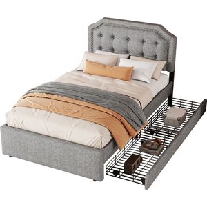 Merax Gestoffeerd Eenpersoonsbed 90x200 - Luxe Bed met Decoratie en Opbergruimte - Grijs