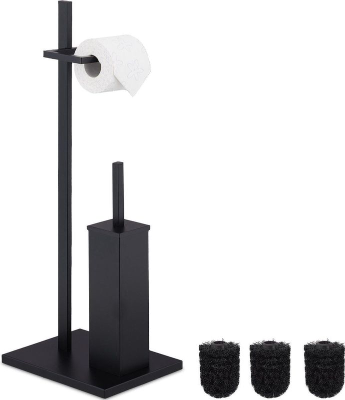 Relaxdays toiletrolhouder - met wc-borstel en toiletborstelhouder - 3 reserve borstels - staal