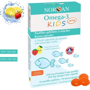 NORSAN | OMEGA-3 KIDS JELLY | 1000 MG | EPA 560 MG | DHA 268 MG | VITAMINE D | PUUR EN ZUIVER | 45 KAUWCAPSULES