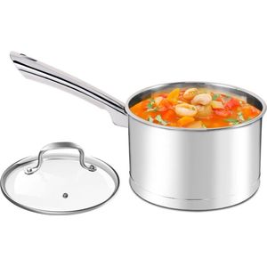 Steelpan met deksel, 18 cm, 2,5 liter, kleine pan, inductie, premium 3-laagse roestvrijstalen kookpan, kleine pannen voor alle warmtebronnen, ongecoat, ovenbestendig en