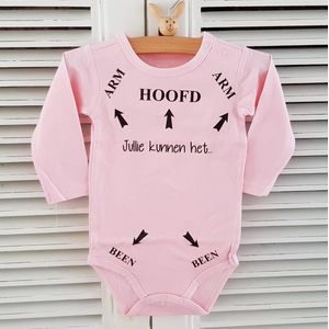 Baby Romper roze met tekst bedrukking | Hoofd Arm Been pijlen jullie kunnen het | lange mouw | roze | maat 74/80 | kraamcadeau geboorte  bekendmaking zwangerschap aanstaande baby meisje