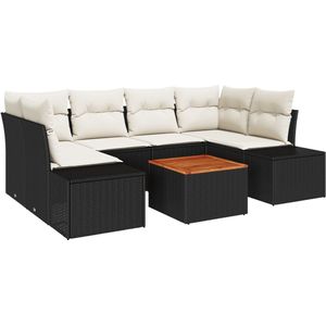 vidaXL - 7-delige - tuinbankset - met - kussens - zwart - poly - rattan - acacia
