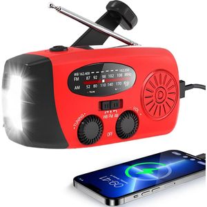 Brixy Noodradio - Radio Met Accu Batterij Voor Noodsituaties - Opwindbaar - Solar - Zaklamp - Powerbank - Rood