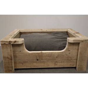 Houten hondenmand Floki van gebruikt steigerhout inclusief antraciet kussen 80x60x30 cm