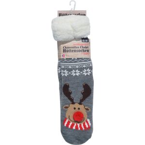 HUISSOKKEN-HOMESOCKS-ANTISLIP-1 MAAT- GRIJS MET RENDIER-HUTTENSOCKEN-KERST