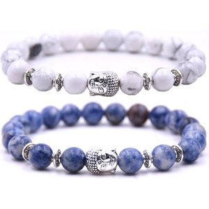 Kralen armband buddha / boedha bedel - Armband dames / heren / unisex - Natuursteen kralen bandje - Elastiek 19 cm - 8mm stenen - Armbandenset (2 stuks) - Wit marmer & blauw
