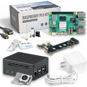 Raspberry Pi 5 - Starter-Set - 8GB RAM - Metalen Behuizing - Actieve Koeler - M.2 NVMe SSD PCIe-kaart - Officiële USB-C 27 W-voeding - 64 GB-editie - 4K Micro HDMI