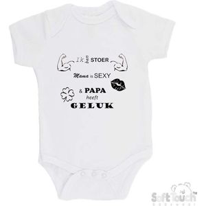 100% katoenen Romper ""Ik ben stoer Mama is sexy & Papa heeft geluk"" Unisex Katoen Wit/zwart Maat 56/62