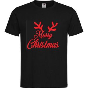 T-shirt Unisex Volwassenen Kerst Kerstmis Vrouw Grappig Tekst ""Merry Christmas met gewei"" Op Voorkant | korte mouw | Zwart/Rood | maat XL