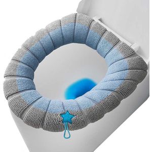 Zachte toiletbrilhoes - Toiletbrilhoes - Zachte toiletdekselhoes - Warme toilethoes - Met handvat - Rekbare badkamertoiletbrilhoes voor de winter - Zacht en warm - Past op de meeste ovale toiletbrillen - Grijs, Blauw