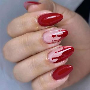 JHubers Goods - Set van 24 Halloween kunstnagels in glanzend rood - Middelgroot - Amandelvormig - Volledige dekking - Zelfklevende nagels