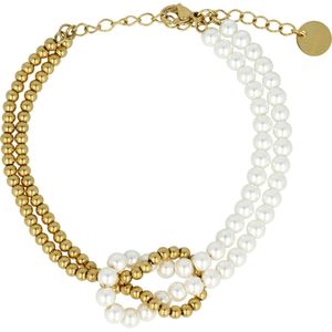 My Bendel - Goudkleurige kralen armband met witte parels - Fijne goudkleurige schakelarmband met witte parels - Met luxe cadeauverpakking