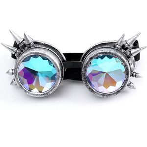 KIMU Goggles Steampunk Bril Met Spikes - Oud Zilver Montuur - Caleidoscoop Glazen - Spacebril Space Caleidoscope Holografisch Festival