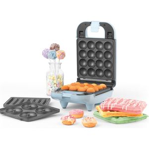 Petra Electric - 3 in 1 Wafelijzer (2 wafels), Donut maker (4 donuts) en Cake pop maker (16 cakepops) - Uitneembare en verwisselbare platen - Blauw
