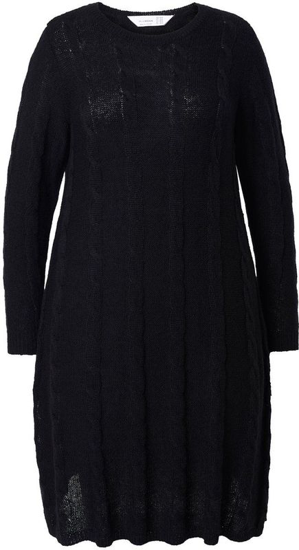 MIAMODA MIAMODA - Dames - Gebreide jurk A-lijn kabelsteek lange mouw - Zwart - Maat 42+