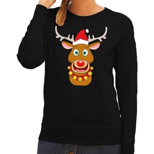 Foute kersttrui / sweater met Rudolf het rendier met rode kerstmuts zwart voor dames - Kersttruien S