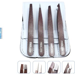 MEDLUXY® - Epileerpincet Set - 4-delig + etui - Metalic bordeax rood - EP109 [tweezer, epileer pincet]