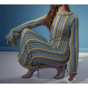Blaezy the label - exclusieve crochet Ibiza summer maxi dress dames - blauw/ groen/ geel maat S