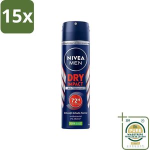 15 x Nivea - Men - Deo Spray - Dry Impact - 48 Uur Lang Werkend - 150 ml - Grootverpakking - Nivea Men Deodorant Spray - Anti-transpirant - 48 Uur Bescherming - Dry Impact - Deodorant Spray