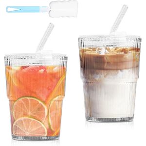 Glazen met deksel en rietje 450 ml - waterglazen - drinkglazen - cadeau - schone borstel - ijskoffiebeker - warme dranken - koude dranken .