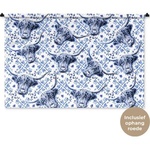 Wandkleed - Wanddoek - Schotse hooglander - Koe - Delfts blauw - 150x100 cm - Wandtapijt